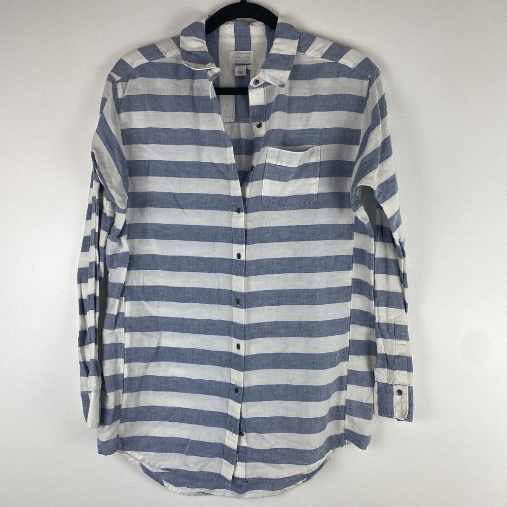 Nordstrom Caslon Women's Striped Button Down Size XS Blue White Linen Blend